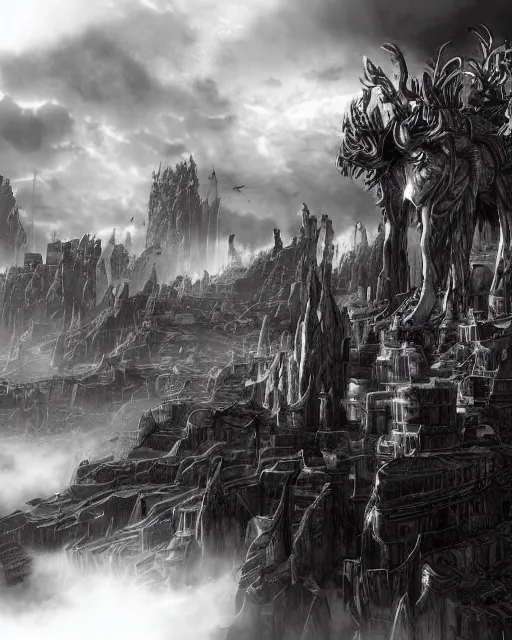 Image similar to the ivory fields, city of desert, buildings, black and white, environment art, fantasy art, landscape art, in the style of masami kurumada, illustration, epic, fantasy, intricate, hyper detailed, artstation, concept art, smooth, sharp focus, ray tracing