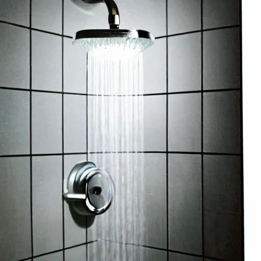 Image similar to a Polaroid photo of a shower that has a water pump and heater connected to it so the water flows from the drain back in to the shower head, beams of light, nostalgic