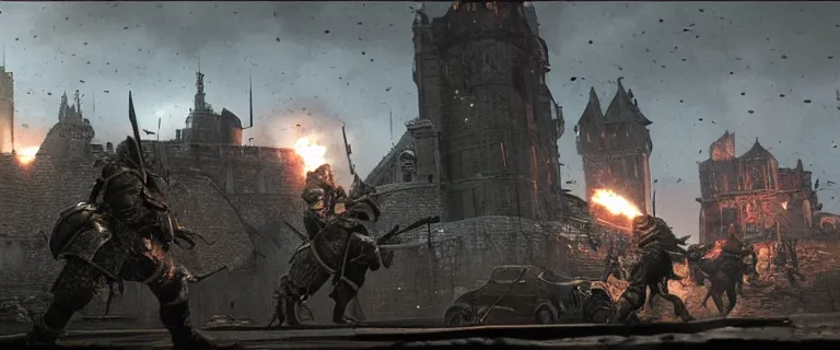 Image similar to Armored and Armed Military Audi 80 B3 Avant (1988) with a mounted M249 with soldiers on, Dark Souls 3, Eldritch Horrors, Wretched and Corrupted Knights, Heavy Battle, Fight, Car vs Knight, gunshots fired, a grim fantasy, Anor Londo, dramatic lighting, cinematic, establishing shot, extremely high detail, photorealistic, cinematic lighting, artstation, by simon stalenhag