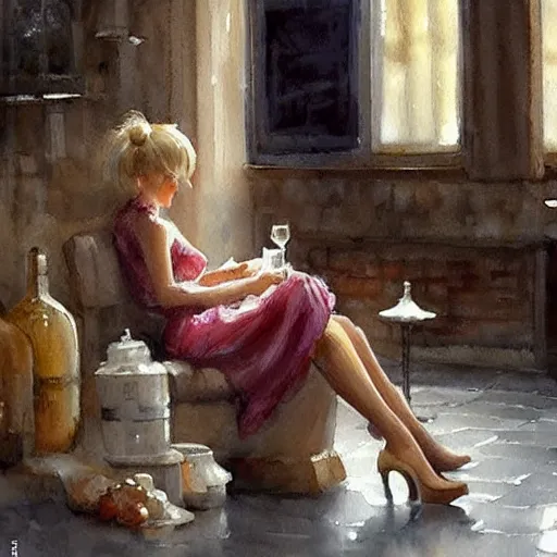 Image similar to stormtrooper and hot blonde drinking wine in a cellar, romantic, cozy, inviting, detailed, beautiful, atmospheric, impressionism, watercolor by vladimir volegov