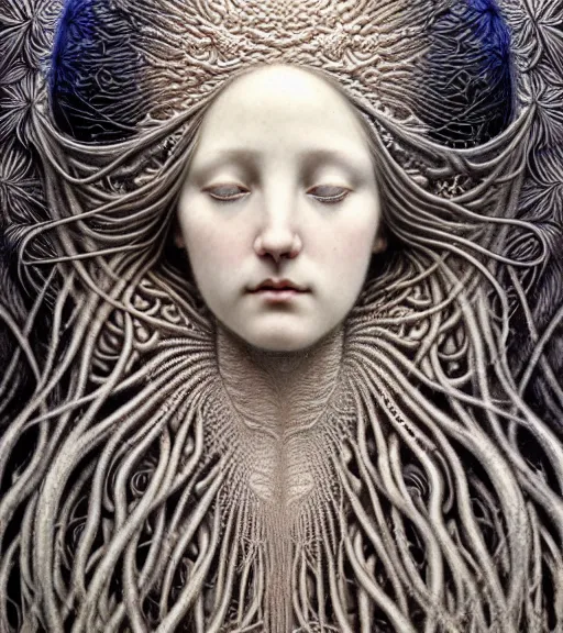 Image similar to detailed realistic beautiful winter goddess face portrait by jean delville, gustave dore, iris van herpen and marco mazzoni, art forms of nature by ernst haeckel, art nouveau, symbolist, visionary, gothic, neo - gothic, pre - raphaelite, fractal lace, intricate alien botanicals, ai biodiversity, surreality, hyperdetailed ultrasharp octane render