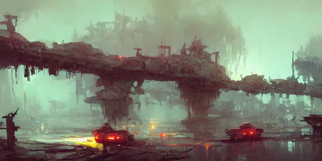 Image similar to concept art of a ruined bridge crossing a polluted lake filled with shipwrecks, grimy, gritty, blade runner 2 0 4 9, trending on artstation, award winning painting, cgi, art by john berkey and anton fadeev and john howe and simon stalenhag