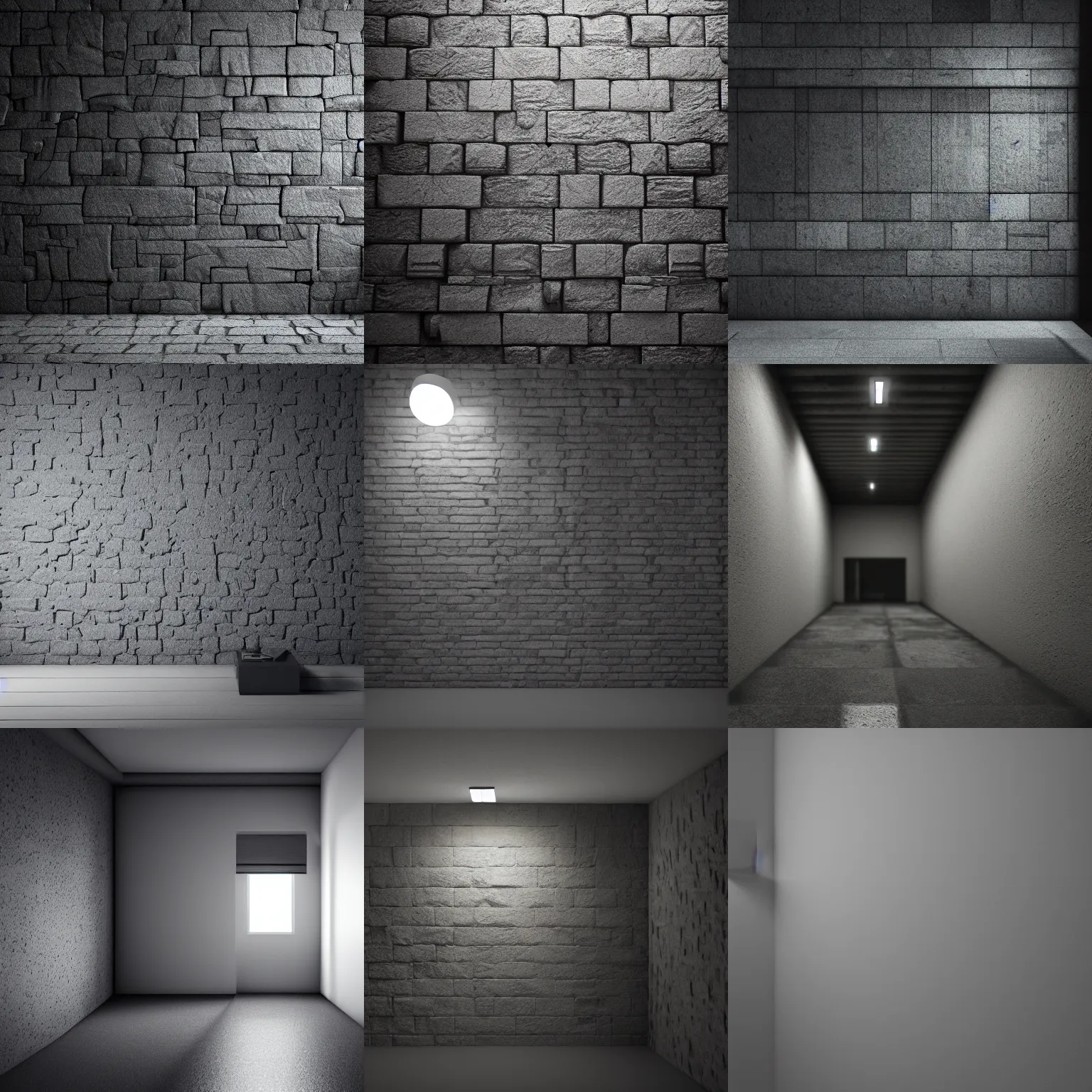 Prompt: dark room, gray stone wall, gloomy, oppressive, midnight, shadows, low brightness, low gamma, octane render