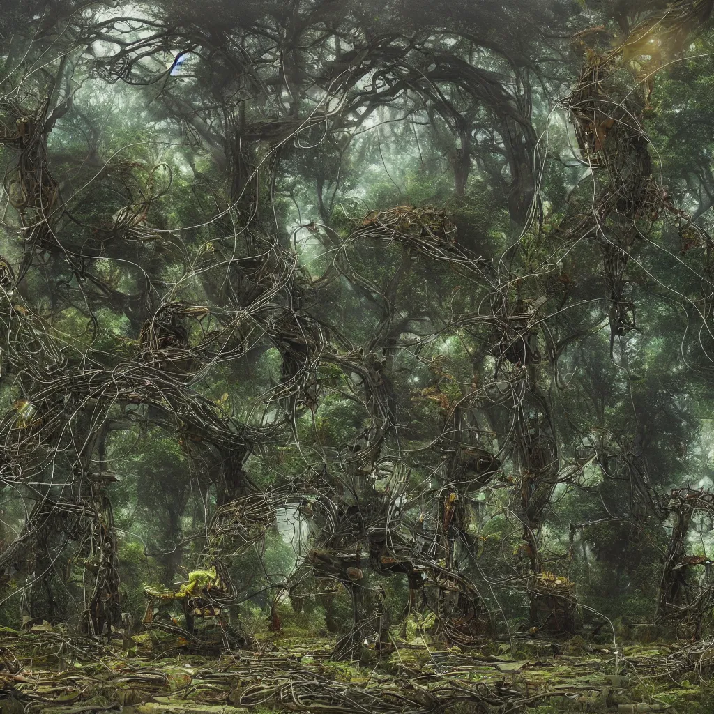 Image similar to the remnants of a broken alien supercomputer covered in wires and foliage in a mystical grove, sentry robots hovering in the air, somber melancholic matte painting, highly detailed oil painting, liminal space, 8k, stillness, solitude, sorrowful nostalgic awe-inspiring atmosphere, masterpiece