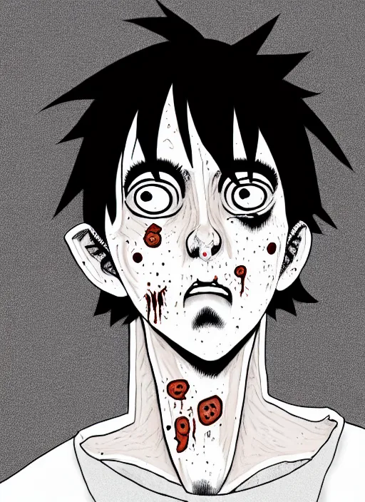 Image similar to junji ito style portrait of zombie teenage jughead jones wearing a light grey crown, zombie, crown, rotting skin, blind eyes, white eyes, crown, black hair, intricate, highly detailed, illustration, art by junji ito