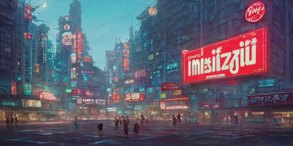 Prompt: A highly fantasy detailed matte painting of Buildings with Japanese Billboards and neonsigns by Studio Ghibli, Makoto Shinkai, by Artgerm, by WLOP, by Greg Rutkowski, volumetric lighting, octane render, 4K resolution, trending on artstation, masterpiece