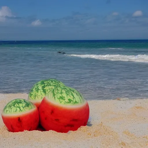 Prompt: fluffy watermelons on the beach