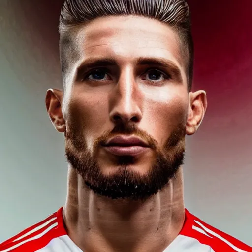 Image similar to a realistic detailed photo of a guy who is an attractive humanoid who is half robot and half humanoid, who is a male android, soccer player sergio ramos, shiny skin, posing like a statue, blank stare, in a living room, on display, showing off his muscles