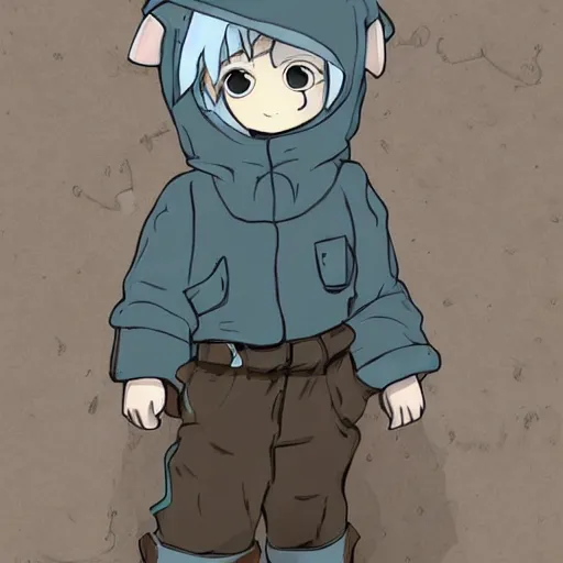 Image similar to little boy wearing sheep suit. white, gray, blue, green and brown pallet color. made in abyss art style, inspired in chris from deltarrune, artgerm