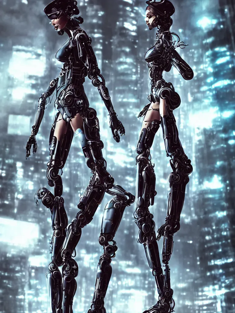Prompt: a photo shoot of a gorgeous and sexy robotic cyberpunk female posing on the catwalk by ross tran