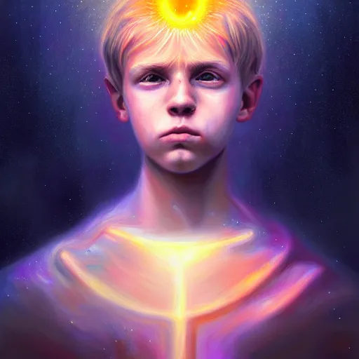 Image similar to visionary art by mandy jurgens, powerful eyes glowing highly detailed painting of deep sadness alone, young blonde boy spiritual portrait, fractal electricity surrounding him, expressive emotional sadness piece, trending on art station, abstract emotional sadness expression, very very very beautiful, fantasy digital art, visionary art, magical fantasy 2 d concept art, cosmic nebula