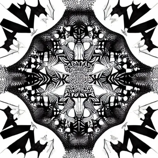 Prompt: an infinite fractal kaleidoscope, micron pen drawing, black ink, by charles burns, mandelbrot