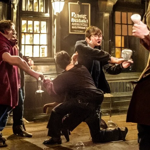 Prompt: harry potter breaks a bottle over someones head in the local pub