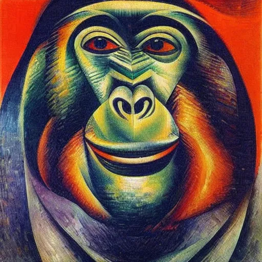 Image similar to cubo - futurism art portrait of an ape monkey by umberto boccioni, futuristic very abstract style painting, futurism art movement