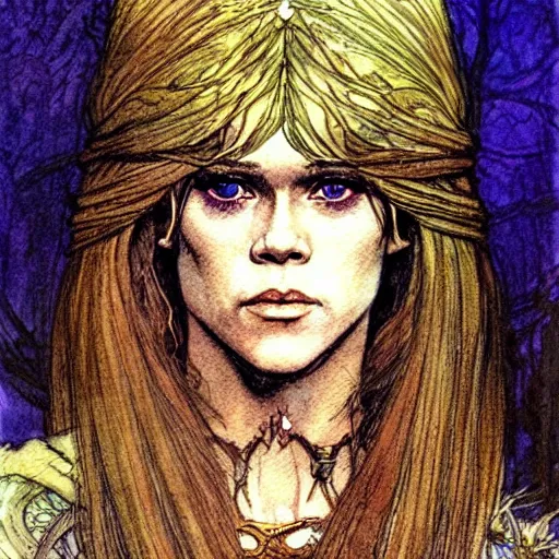 Image similar to a realistic and atmospheric watercolour fantasy character concept art portrait of a young jane fonda as a druidic warrior wizard looking at the camera with an intelligent gaze by rebecca guay, michael kaluta, charles vess and jean moebius giraud