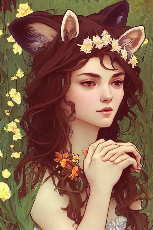 Image similar to A beautiful woman with fox ears in a garden, highly detailed, digital painting, artstation, concept art, smooth, sharp focus, illustration, art by artgerm and alphonse mucha, high definition digital art, in the style of Ross tran and ilya kuvshinov