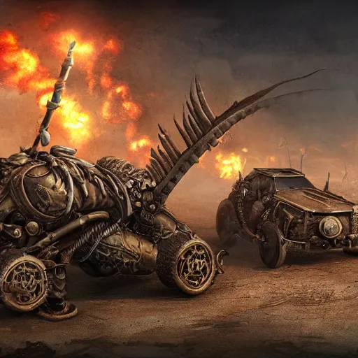 Prompt: warriors on wyverns with steampunk armor flying in a post apocalyptic street inspired by mad max, Oulan-Bator, photorealism 8k , high details