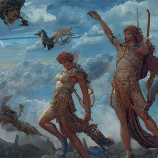 Image similar to disasterpiece Peloponnese war Gods watching above, by Edgar Maxence and Ross Tran and Michael Whelan, intricate line drawings, by Edgar Maxence and Ross Tran and Michael Whelan, 4k resolution