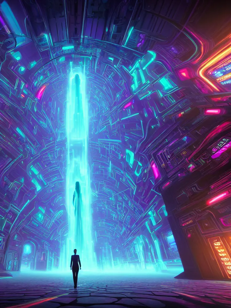 Image similar to entrance to matrix ethereal realm, ai sentient, rendered in unreal engine, central composition, symmetrical composition, dreamy colorful cyberpunk colors, 6 point perspective, fantasy landscape with anthropomorphic terrain in the styles of igor morski, jim warren and rob gonsalves, intricate, hyperrealistic, volumetric lighting, neon ambiance, distinct horizon