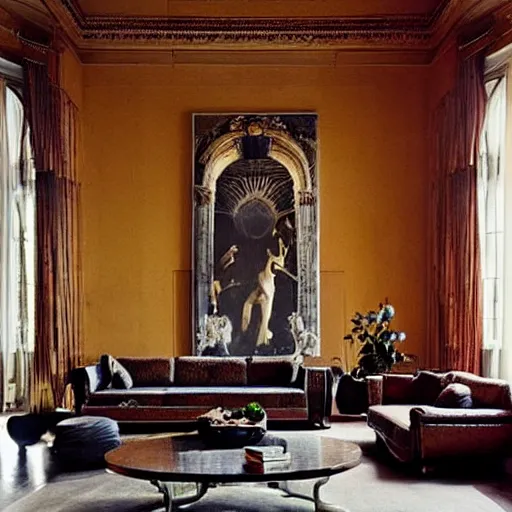 Image similar to giant Italian modern castle living room, clean minimalist design, that is 1300 feet tall, with very tall giant walls filled with modern art paintings, doors that are cosmic portals, photo by Annie Leibovitz