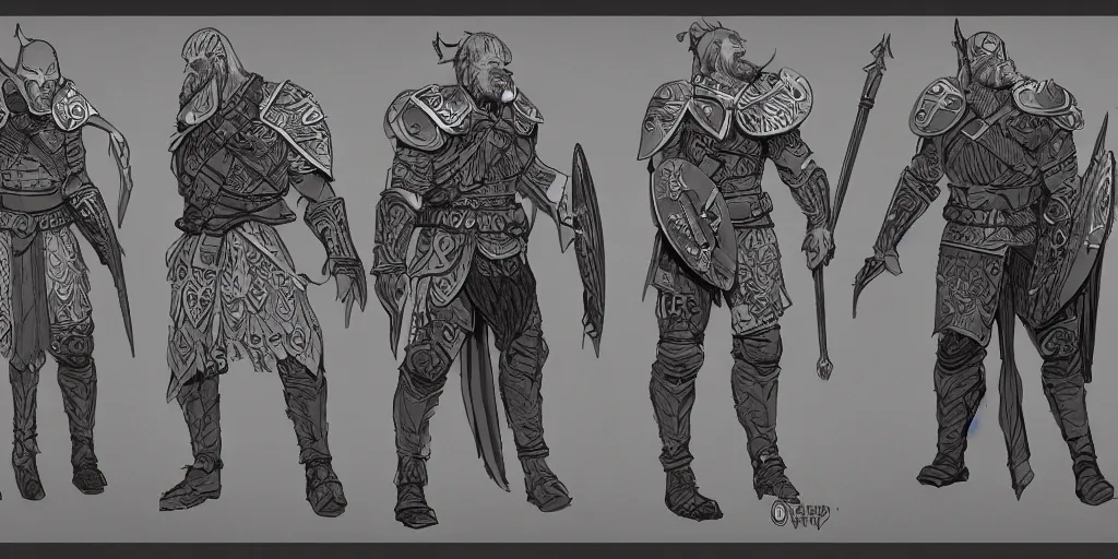 Image similar to colour concept art character sheet, viking in armour, trending on artstation, intricate high - details