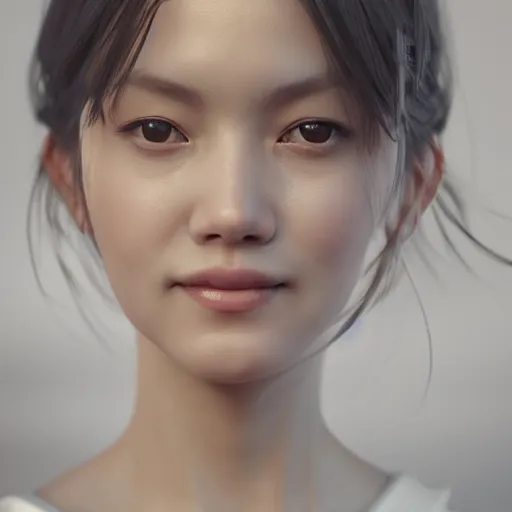 Image similar to a cute girl in white dress, by ruan jia, by yun ling, happy expression, smile, unreal engine, 3 d render, 8 k, closeup headshot, smooth, trending on artstation, digital illustration, black hair