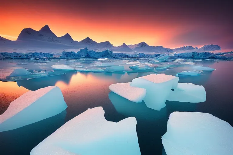 Image similar to moody landscape photography by marc adamus, greenland, sunset, ice