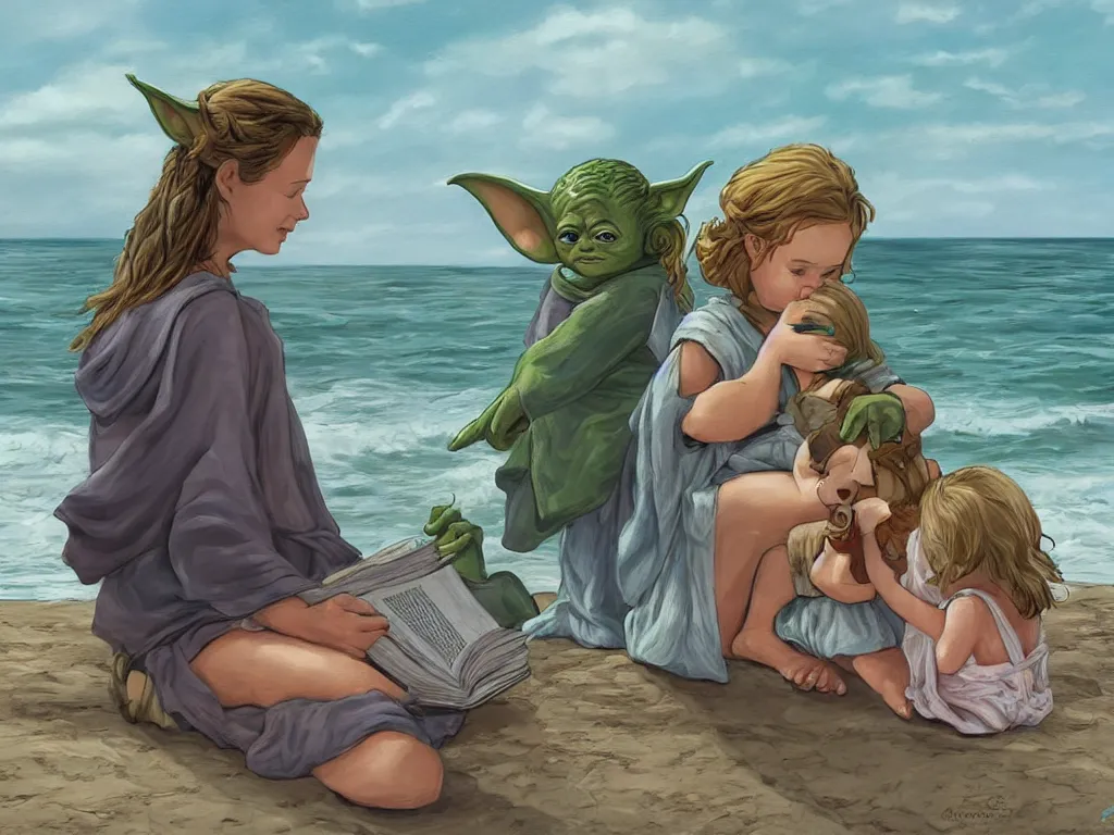 Prompt: a girl reading a book by the sea with Baby Yoda by her side, in the style of Greg Rutkowsky, digital art, very detailed, high definition