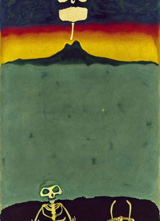 Prompt: wonky alien skeleton cook with knives in a dark green cloudy night sky with golden foil stars, occult symbols and tears, mountain lake and blossoming field in background, painted by mark rothko, helen frankenthaler, danny fox and hilma af klint, very pixelated, naive, expressionism