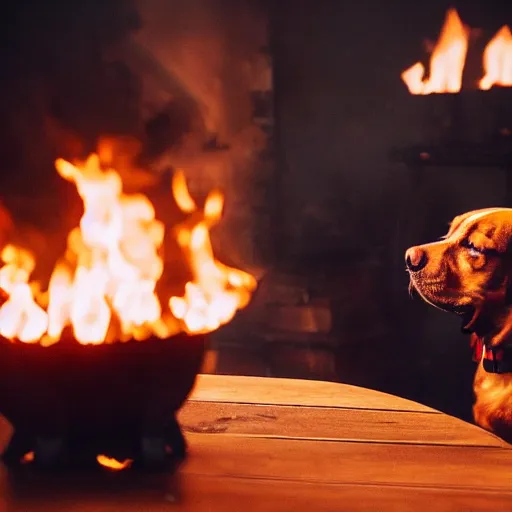 Image similar to a photograph of a big fire on a dining room on fire, only remains a wooden table and a chair (no fire at all there), an human-like relaxed dog sitting at this table, ☕ on the table, surrounded by flames, a lot of flames behind the dog, black smoke instead of the ceiling, no watermark