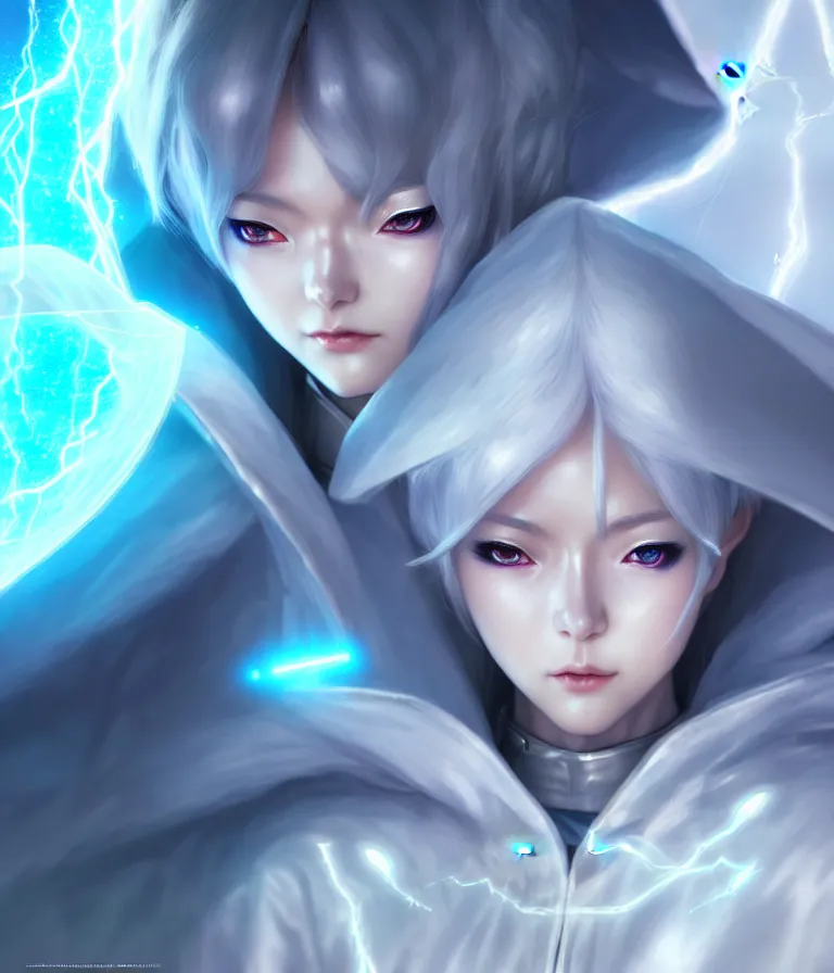 Prompt: female superhero of the rainstorms with shimmering white uniform, cloak and robes and silver hair, lightning and thunderclouds all around, fantasy character concept art in japanese anime style with photorealistic rendering digital painting of the century award octane render artstation hypervivid detailed