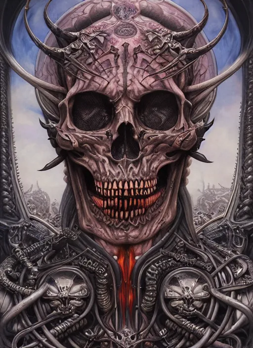 Prompt: hyper detailed masterpiece demon skull evil tattoo warrior by donato giancola and tom bagshaw, face by artgerm and edmund leighton, and h. r. giger, trending on artstation, colorful, psychedelic aesthetic, ornate, background by james jean, 8 k, biomechanical, majestic, volumetric lighting, porcelain skin, concept art, sharp focus