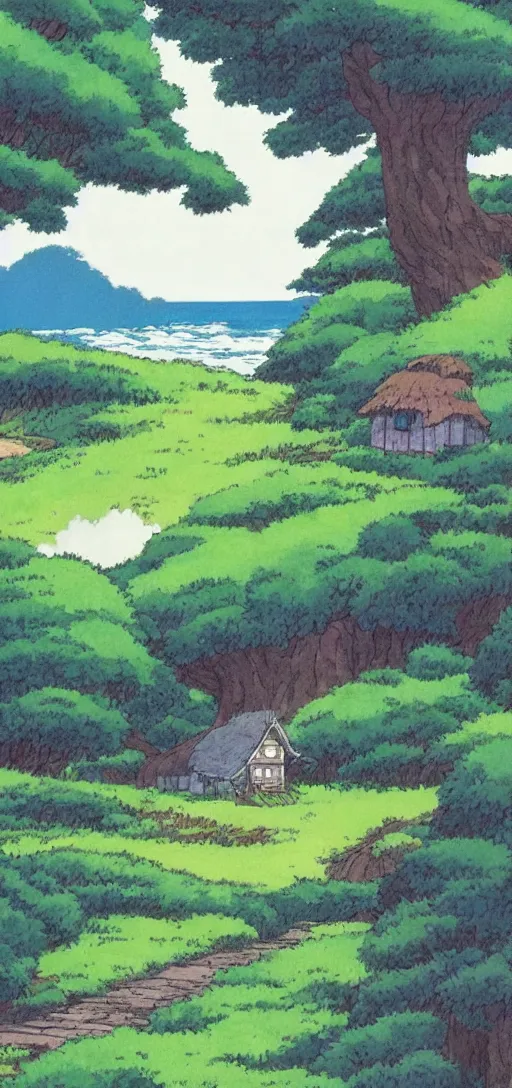 Image similar to country side on the ocean coast by studio ghibli, peaceful, serene, beautiful