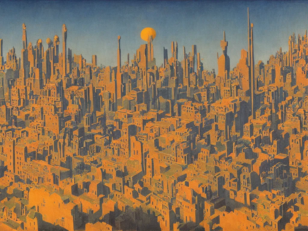 Image similar to Sponged city, sunset with flares, Socotra, baobab metropolis, Balinese dragons, desolation of the leaf Painting by Rene Magritte, Moebius, Jean Delville, Max Ernst, Maria Sybilla Merian