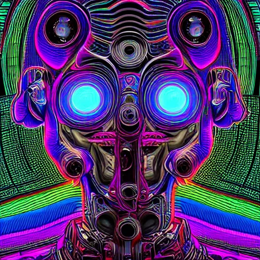 Prompt: hyperdetailed portrait of a psychedelic cyberpunk robot head, 8 k, symetrical, halluzinogenic, meditative, vector art, black background
