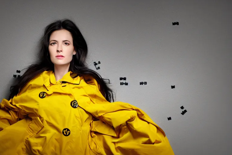 Prompt: wide portrait of a dark-haired woman wearing a yellow raincoat in front of a bed covered with white line, black puzzle pieces are hovering in the air, atmospheric, cinematic, ultra detailed, volumetric lighting, photography, by Weta Digital