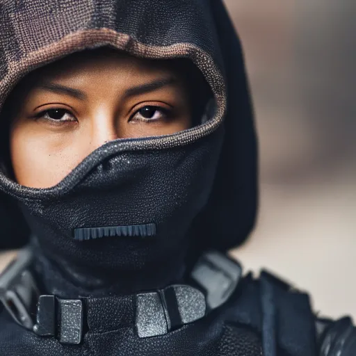 Image similar to photographic portrait of a poor techwear mixed woman, closeup, sigma 85mm f/1.4, 4k, depth of field, high resolution, 4k, 8k, hd, full color