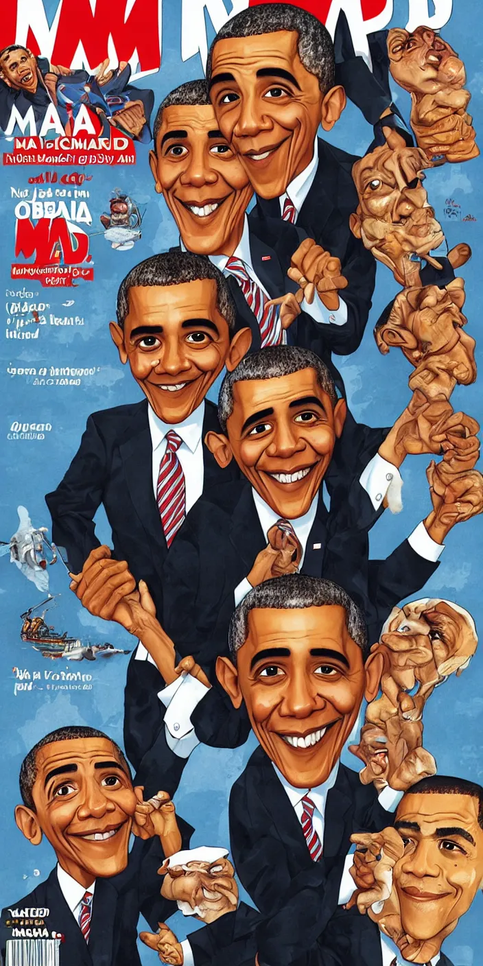 Prompt: mad magazine cover featuring barack obama