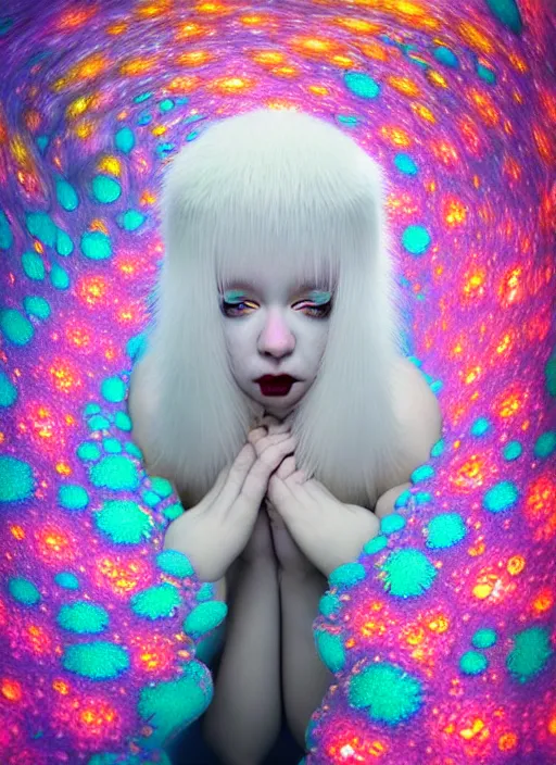 Image similar to hyper detailed 3d render like a Oil painting - kawaii portrait Aurora (white haired Singer Ferret) seen Eating of the Strangling network of yellowcake aerochrome and milky Fruit and Her delicate Hands hold of gossamer polyp blossoms bring iridescent fungal flowers whose spores black the foolish stars by Jacek Yerka, Mariusz Lewandowski, Houdini algorithmic generative render, Abstract brush strokes, Masterpiece, Edward Hopper and James Gilleard, Zdzislaw Beksinski, Mark Ryden, Wolfgang Lettl, hints of Yayoi Kasuma, octane render, 8k