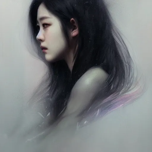 Image similar to jisoo of blackpink, hyperrealistic portrait, bladerunner street, by karol bak and agnes cecile, fantasy art, photo realistic, dynamic lighting, artstation, poster, volumetric lighting, very detailed face, 8 k, award winning