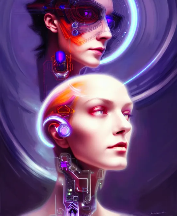 Image similar to a whirlwind of souls rushing inside the metaverse, hologram, half body, neurochip, shaved temple, piercing, jewelry, android, cyborg, cyberpunk face, by loish, d & d, fantasy, intricate, elegant, highly detailed, colorful, digital painting, artstation, concept art, art by artgerm and greg rutkowski and alphonse mucha