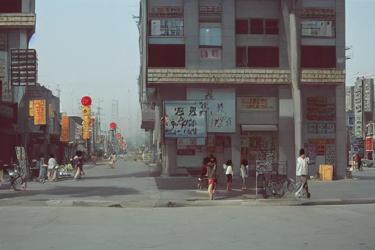 Prompt: everyday life in a quiet street in Beijing, film photography, 35mm, cinematographic, detailed, realistic--style stephen shore.