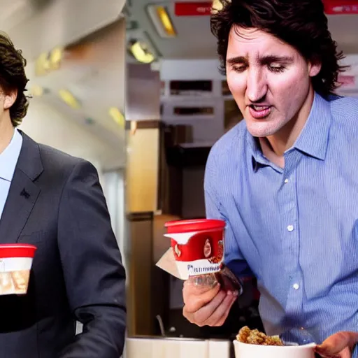 Image similar to a poutine with full of canadian cash inside served by happy Justin Trudeau