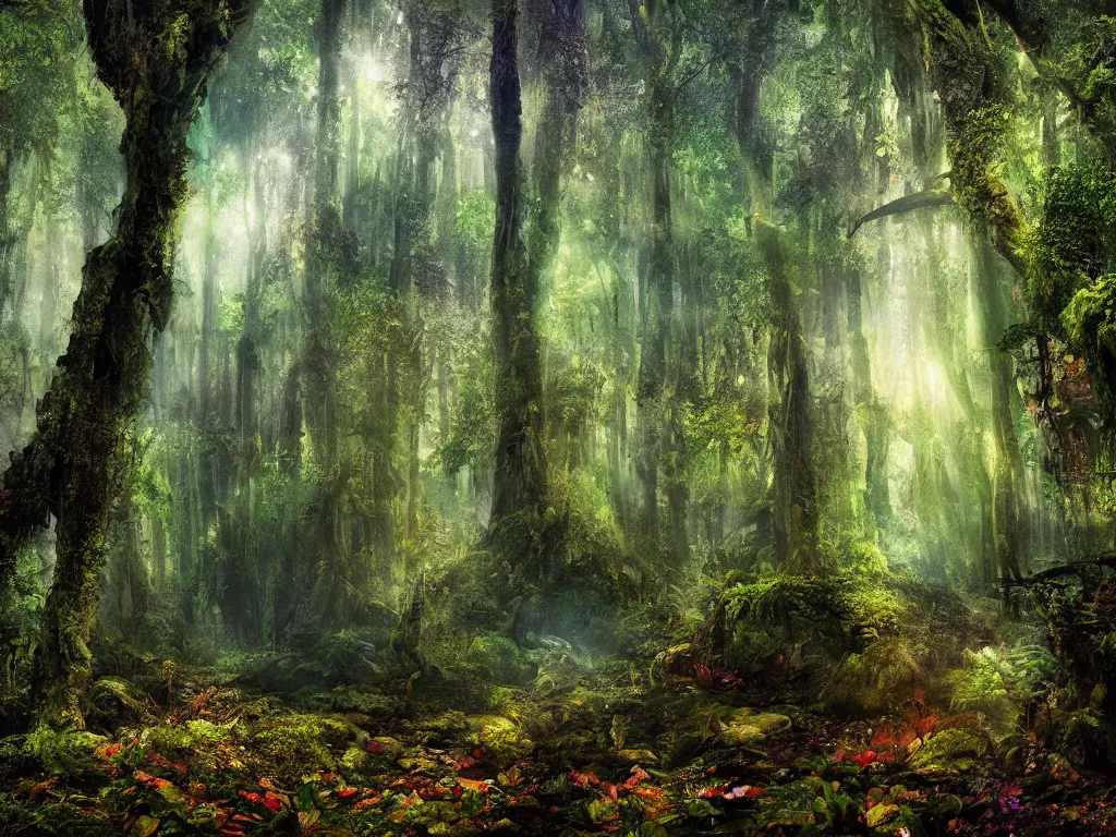 Image similar to a fantasy beautiful dense biorelevant rainforest setting, ultrawide angle, a deer radiating dramatic light, cinematic lighting, extremely emotional, extremely dramatic, surround it with pixie dust ether floating in the air, hdr, epic scale, cmyk, deep spectrum color