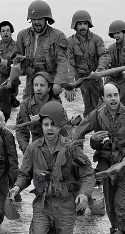 Image similar to charlie day, rob mcelhenney, glenn howerton, kaitlin olson, and danny devito are storming the beaches of normandy, 1 9 4 5, black and white, horrorscape