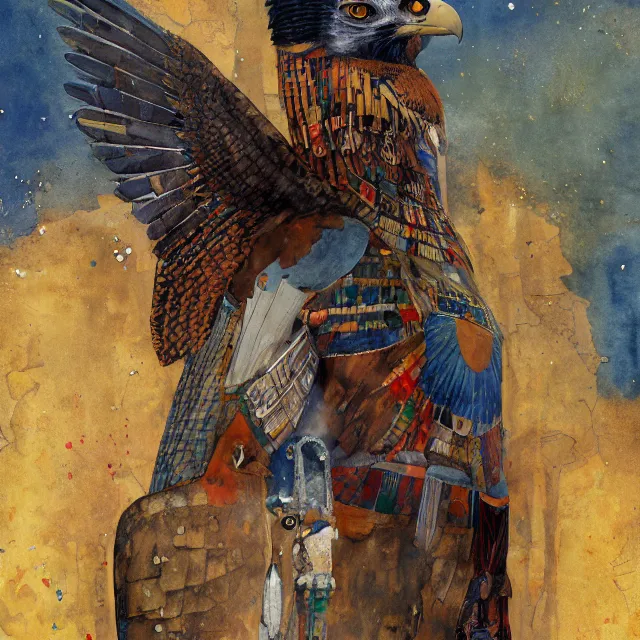 Prompt: expresionistic watercolor of Horus the falcon headed egyptian god, by Enki Bilal, by Gustav Klimt, by Greg Rutkowski, by Peter Mohrbacher, graffiti paint, vintage, splatters, scratches, trending on artstation