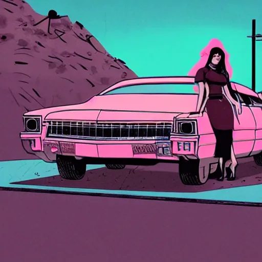 Image similar to a colorfully detailed comic noir style illustration of a beautiful woman posing next to a pink Cadillac in a post-apocalyptic desert by queens of the stone age and sachin teng, dark vibes, street art, cinematic, high contrast, depth of field