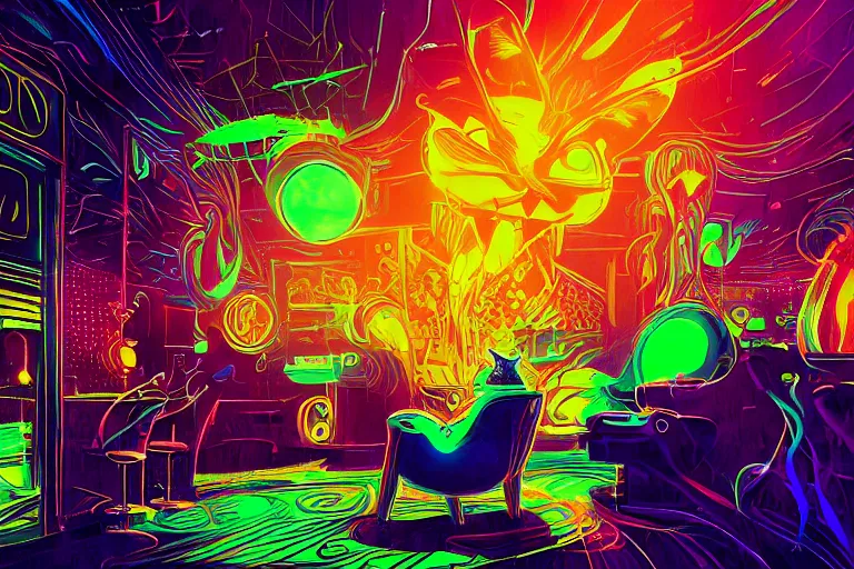 Image similar to a digital art of a cat sits on a chair in a luminous disco bar, animal, light effect, highly detailed, by anton fadeev