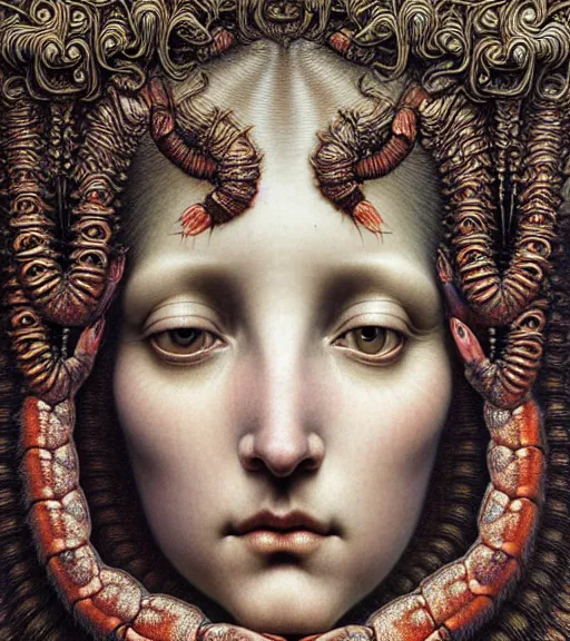 Image similar to detailed realistic beautiful shrimp goddess face portrait by jean delville, gustave dore, iris van herpen and marco mazzoni, art forms of nature by ernst haeckel, art nouveau, symbolist, visionary, gothic, neo - gothic, pre - raphaelite, fractal lace, intricate alien botanicals, ai biodiversity, surreality, hyperdetailed ultrasharp octane render