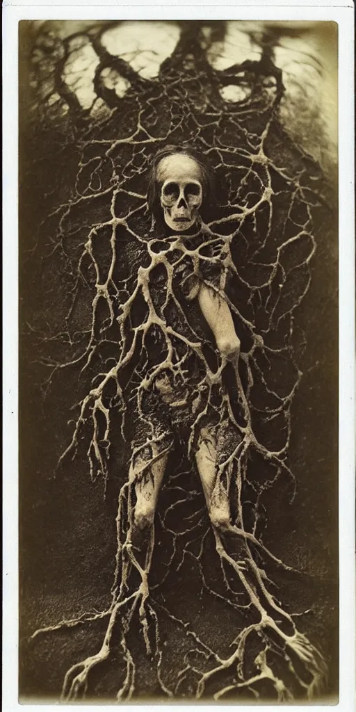 Prompt: an 1 9 1 0 polaroid photography of a very sad and detailed rotten woman corpse with fractal coral reefs and ornate growing all around, muscles, veins, arteries, bones, anatomical, skull, eye, ears, full body, intricate, surreal, ray caesar, john constable, guy denning, dan hillier, black and white